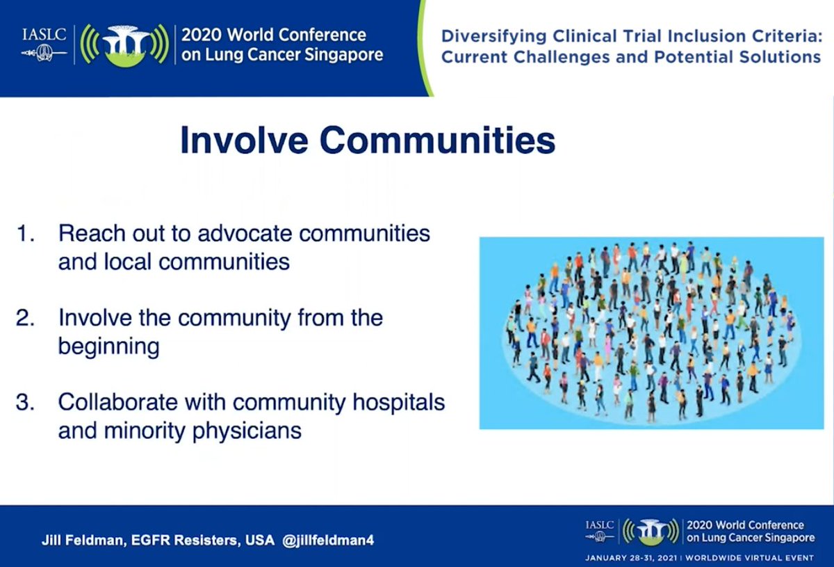  #WCLC20 Involvement. Engagement.  @jillfeldman4 reminds us to ask questions and an important one is "Who is not at the table." This was a powerful and motivating talk - please log in to the  @IASLC library to watch for yourself.  #LCSM