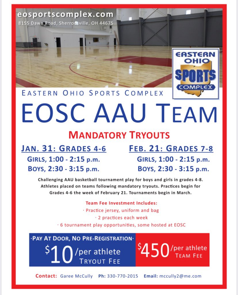 We are canceling the AAU tryouts tomorrow due to winter storm. We will reschedule to Sunday the 7th. Girls 5-6:15 / Boys 6:30-7:45. Thank you!!