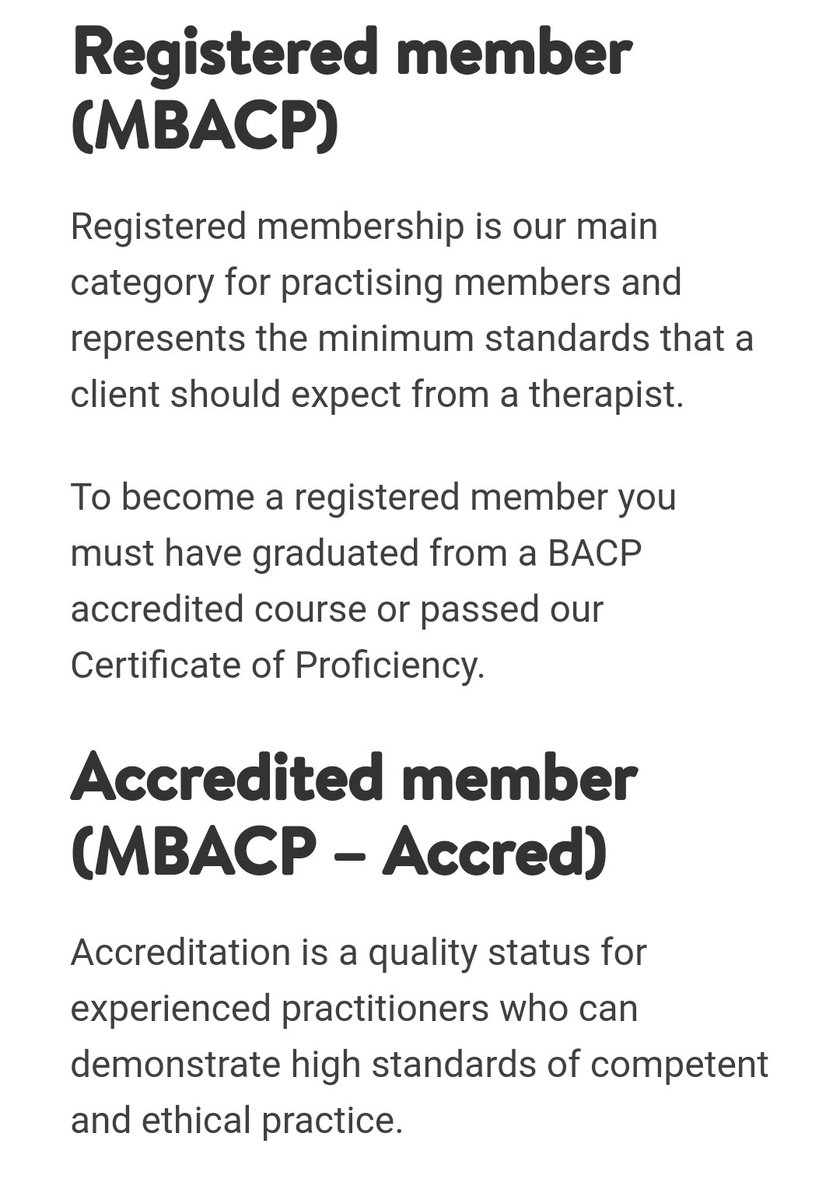 Is she an accredited member of the BACP? If that was the case she would be entitled to use the title "MBACP-Accred" for those who can demonstrate high standards of competent and ethical practiceIt seems she just lists herself as MBACP, the "minimum" a client should expect