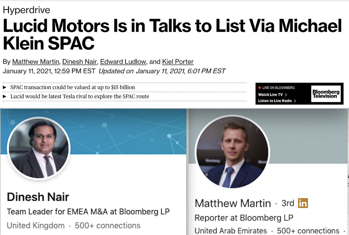  $CCIV/ @LucidMotors one more piece of detective work.The Lucid rumor was leaked from Saudi Arabia. The two non-US Bloomberg reporters (Dinesh & Matthew) weren't involved in any prior SPAC-related news.They cover all Saudi/PIF related news and are always spot on.Thread 