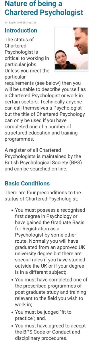 So is she a Chartered Psychologist?As said here, technically anyone can call themselves a psychologist, but unless you meet the particular requirements (eg judged "fit to practice") you will be unable to describe yourself as a Chartered Psychologist or work in certain sectors.