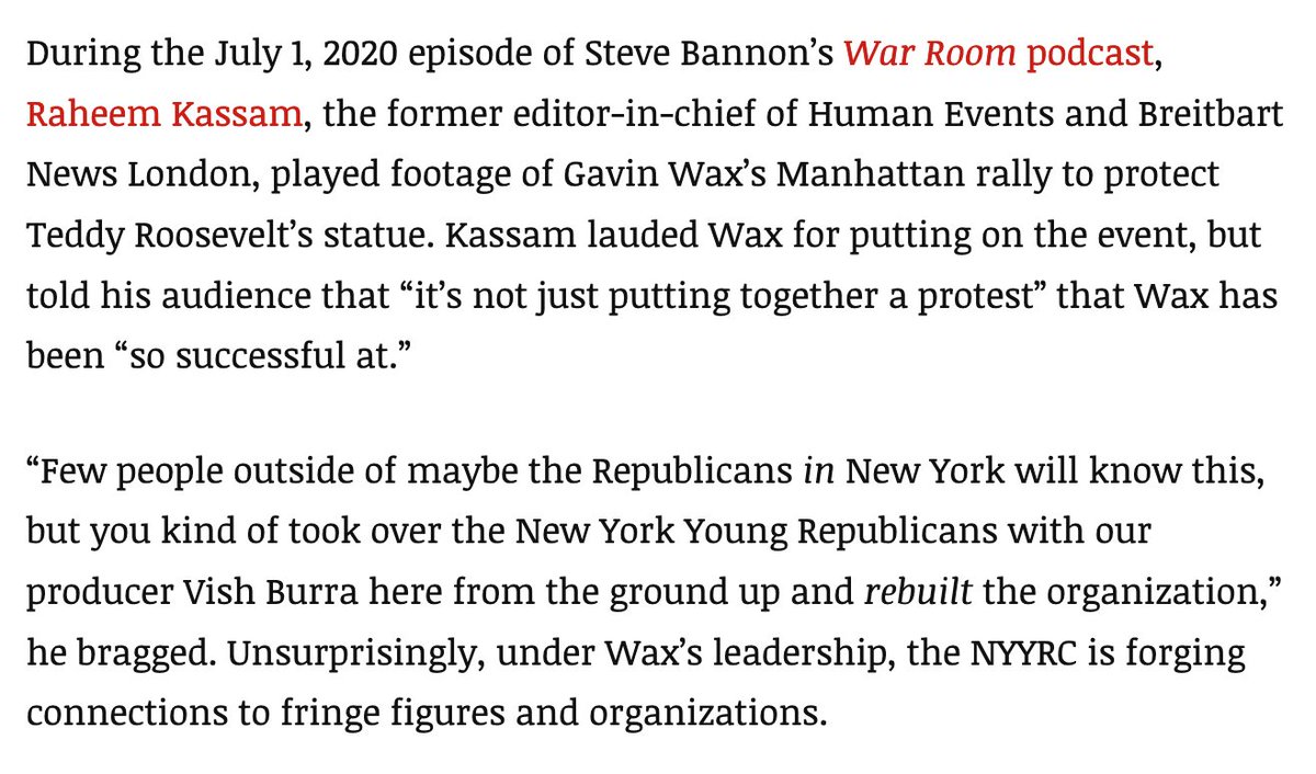 Last year, before Bannon's podcast was booted, Vish and the gang were lauding Gavin Wax and his pathetic pro-statue protest. (People find the statue problematic because of its racist depiction of the figures other than Teddy Roosevelt). https://angrywhitemen.org/2020/08/03/new-york-young-republican-leader-has-ties-to-far-right-extremists/