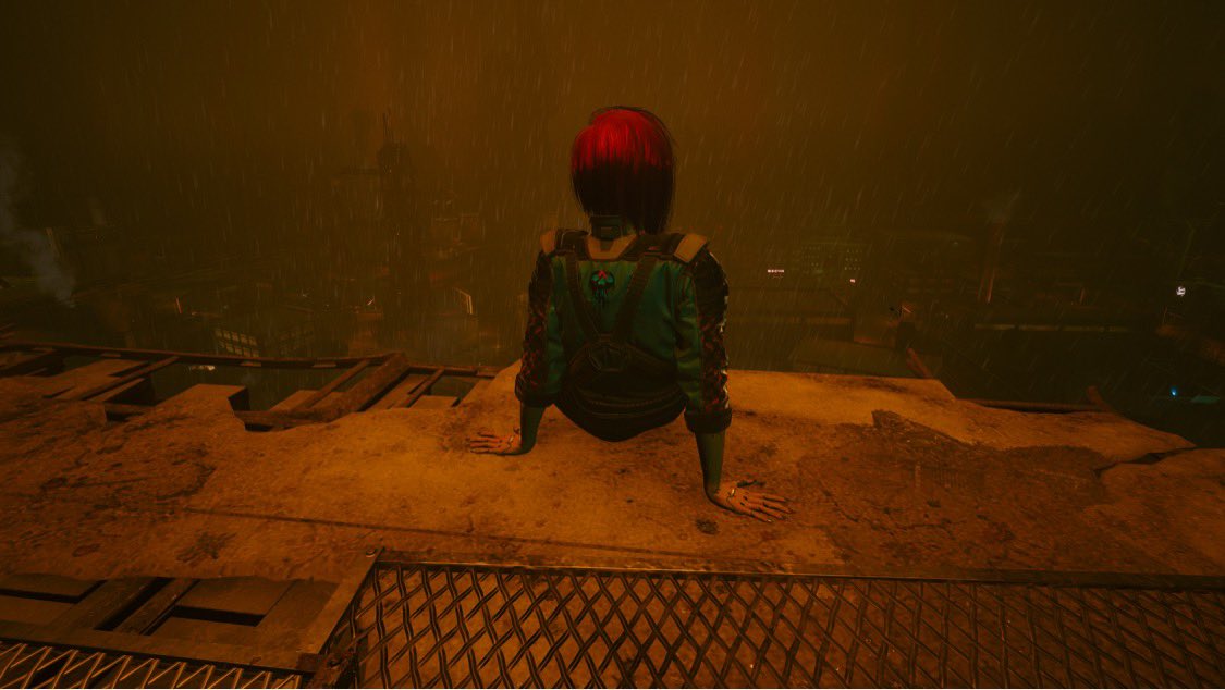 itsDaenyr's tweet photo. Beautiful rain tonight in Night City, totally cropped the dude pissing off the side of the building... #Cyberpunk2077 https://t.co/Bmc1lSmOyQ