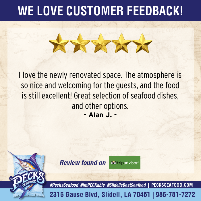 We LOVE getting feedback from our customers! Let us know about your experience at #PecksSeafood - CLICK HERE --> mysmallbiz.reviews/pecksseafood <-- to LEAVE US A REVIEW. #imPECKable #SlidellsBestSeafood