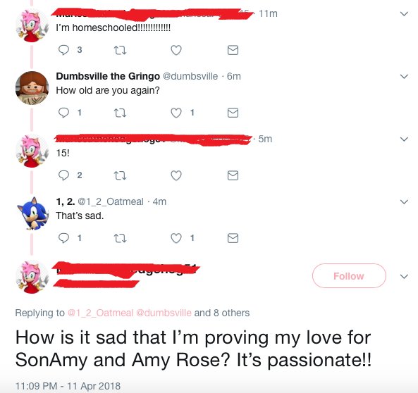 These screenshots were taken from sonisis, who is one of the Sonamy Week Discord Server Admins. I hope she doesn't mind me qrting her thread on him, but I wanna prove my point on him targeting children and those that are mentally ill. https://twitter.com/sonisis_/status/1224676805862232064?s=20