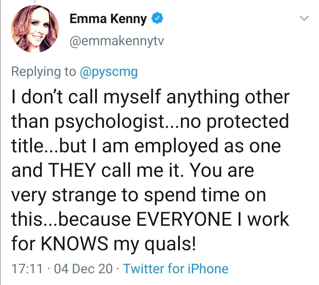 She says she doesn't call herself "anything other than psychologist ... no protected title"But she does hold herself out as a "registered psychological therapist" on her website and lists her BACP registration number