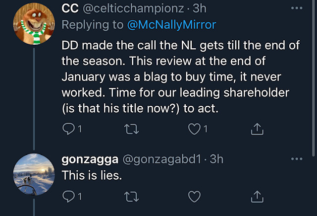 The account has only tweeted 30 times. All have been since the defeat to St Mirren. All of them have been defending the board - particularly billionaire majority shareholder Dermot Desmond - with supposed "inside knowledge". This raised my curiosity so I did a bit of digging.