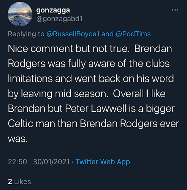 The account has only tweeted 30 times. All have been since the defeat to St Mirren. All of them have been defending the board - particularly billionaire majority shareholder Dermot Desmond - with supposed "inside knowledge". This raised my curiosity so I did a bit of digging.