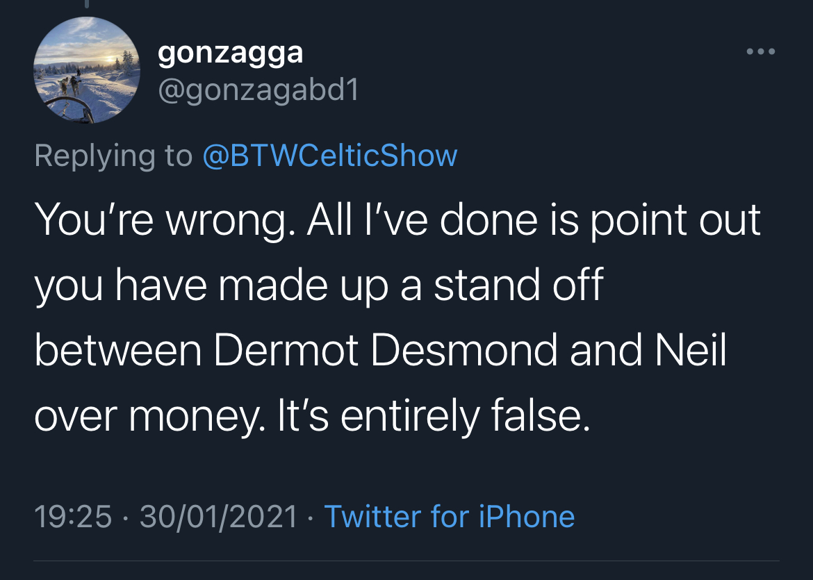 The account has only tweeted 30 times. All have been since the defeat to St Mirren. All of them have been defending the board - particularly billionaire majority shareholder Dermot Desmond - with supposed "inside knowledge". This raised my curiosity so I did a bit of digging.