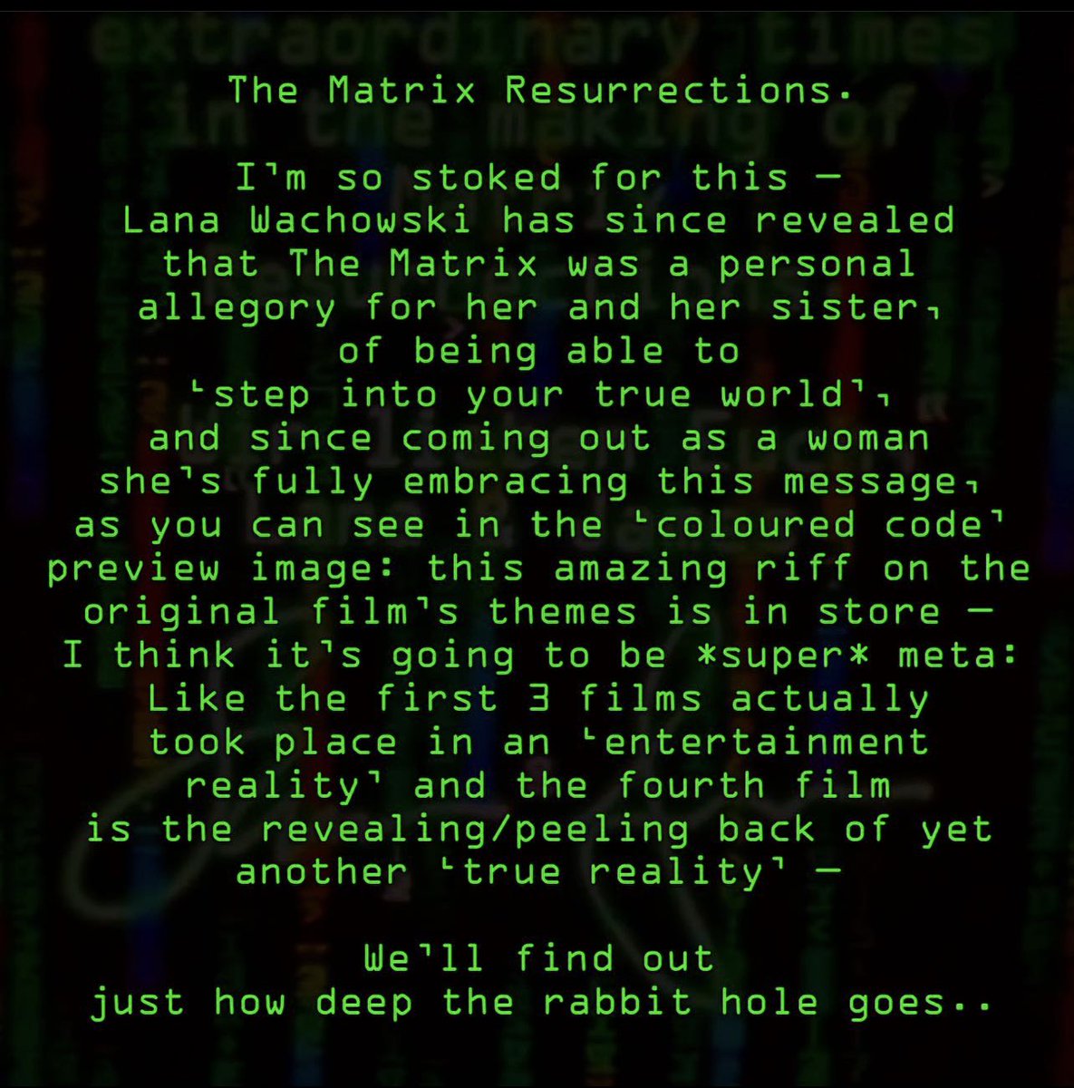TheMatrixPod's tweet image. Some thoughts 🥋📺💊💾 🐇 #TheMatrix #TheMatrixReloaded #TheMatrixRevolutions #TheMatrixResurrections #Matrix #MatrixReloaded #MatrixResurrections #Matrix1 #Matrix2 #Matrix3 #Matrix4