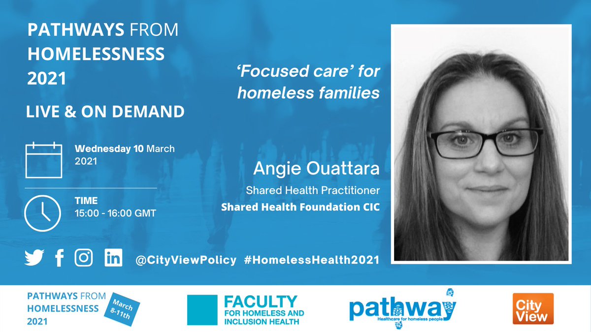 PATHWAYS FROM HOMELESSNESS 2021: Everyone Always In? ONLINE SYMPOSIUM 8 March 2021—11 March 2021
 
15:00-16:00 GMT
 
Wednesday 10 March 2021  
 
‘Focused care’ for homeless families

Angie Ouattara - <a href="/Sharedhealthgm/">Shared Health Foundation</a>

Book your place now: eur.cvent.me/kM8X7 
<a href="/PathwayUK/">Pathway</a>
