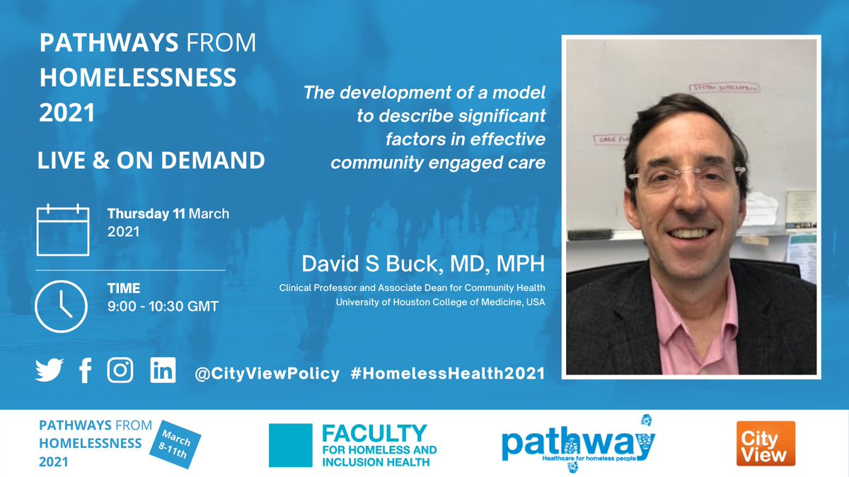 PATHWAYS FROM HOMELESSNESS 2021: Everyone Always In? ONLINE SYMPOSIUM 8 March 2021—11 March 2021
 
9:00–10:30 GMT
 
Thursday 11 March 2021
 
Factors in effective community engaged care

@DavidBuHou

Book your place now: eur.cvent.me/kM8X7 
<a href="/PathwayUK/">Pathway</a>