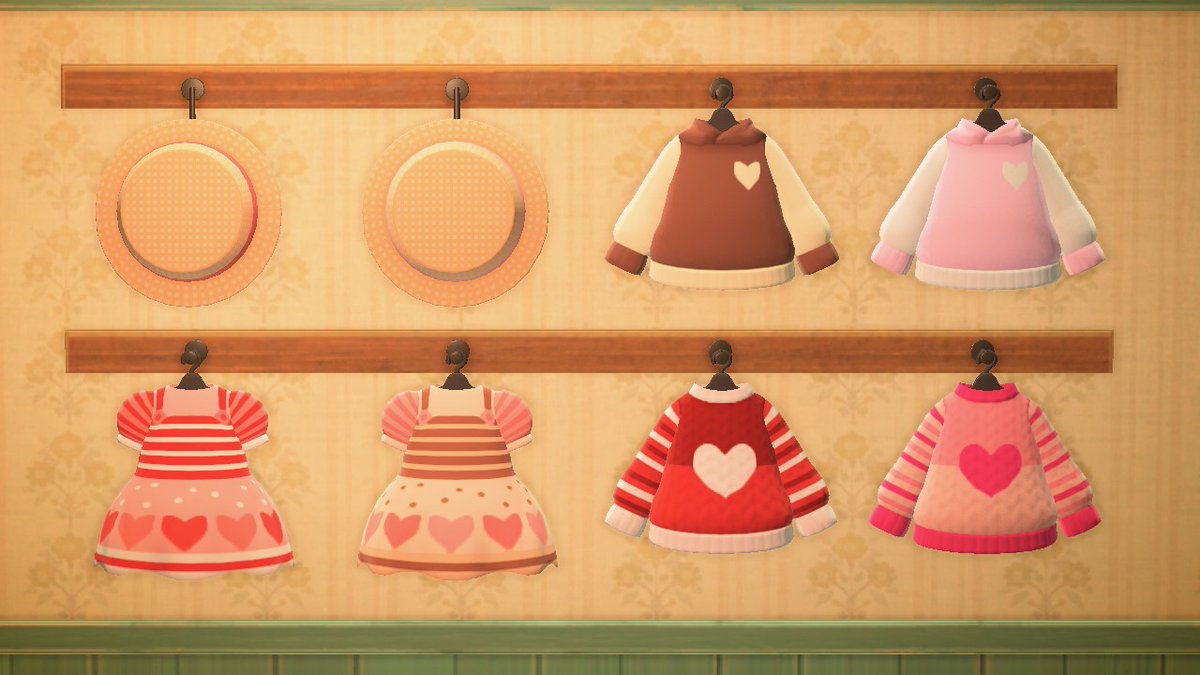crossingku's tweet photo. Trying to get better at designing clothes so I updated my valentines collection a little bit #acnh https://t.co/m6RPzXALS1