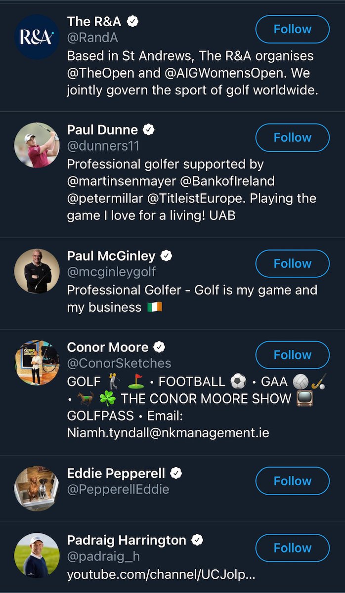 To shed a bit more light I decided to look at who GonzagaBD follows. They only follow 83 accounts so it didn't take long. The majority of accounts followed are professional golfers. Fair enough, the Desmonds' are known to be big golf fans but so are lots of people in Ireland.