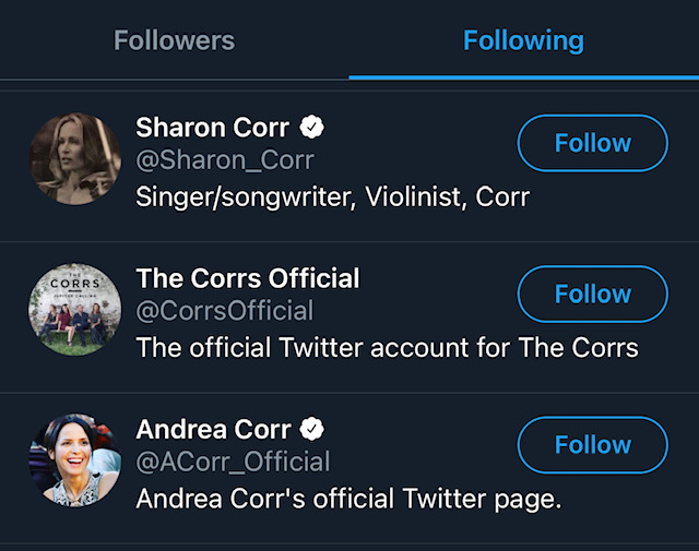 It has to be said that golfers aside, the account doesn't seem to be that interested in following many people from pop culture. With the exception of the Corrs of course. Coincidentally, Brett Desmond is married to Andrea Corr.