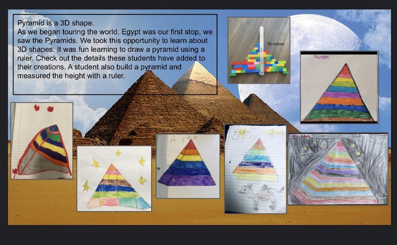 RaanaAsad2's tweet photo. @RaanaAsad2 @VEWhdsb our Ss 👦 👧 are off on a trip ✈️ around the  🌎 1st stop Egypt. A visit to the pyramids lend itself nicely to an #inquiry on 3D shapes #art #FDK4frames #DMLB #virtuallearning #learningfromtheseatofyourpants https://t.co/vKRi1jEazn