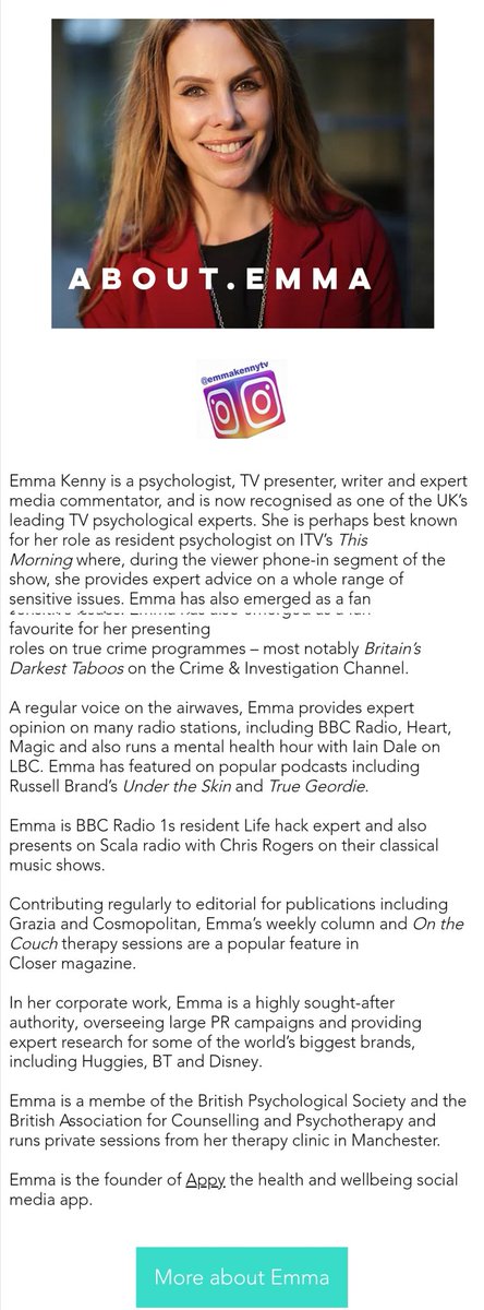 She holds herself out on her website as providing "expert advice" and "expert opinion" and states she is "now recognised as one of the UK's leading TV psychological experts". She describes how she is a "highly sought after authority" and provides "expert research"