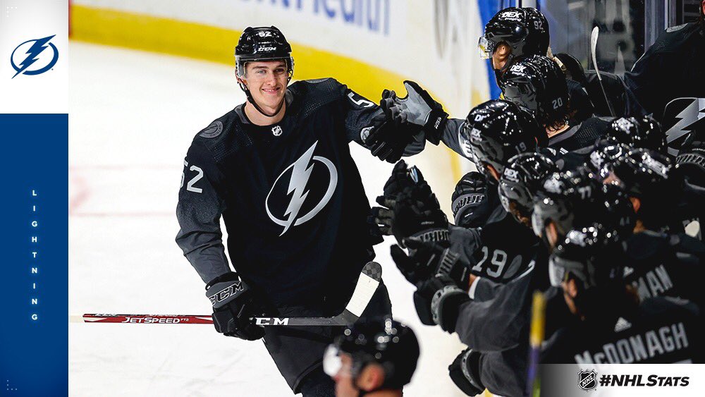 NHLPR's tweet photo. Cal Foote, who was selected 14th overall by the @TBLightning in 2017, scored in his fourth career NHL game. It took his father, two-time Stanley Cup winner Adam Foote, until his 37th outing to score for the first time. #NHLStats https://t.co/WfDMYe40Qu