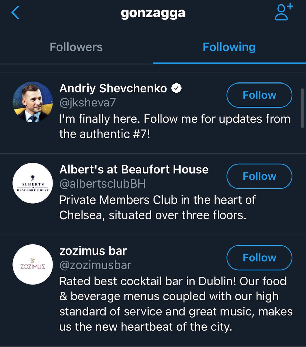 Also among the 83 followed? Zozimus bar which is owned by another Desmond son, Derry. The only footballer followed? Andriy Shevchenko, a good mate of the third son Ross. As for Albert's private members club in Chelsea. Weirdly that's not Desmond owned. Well, not yet anyway