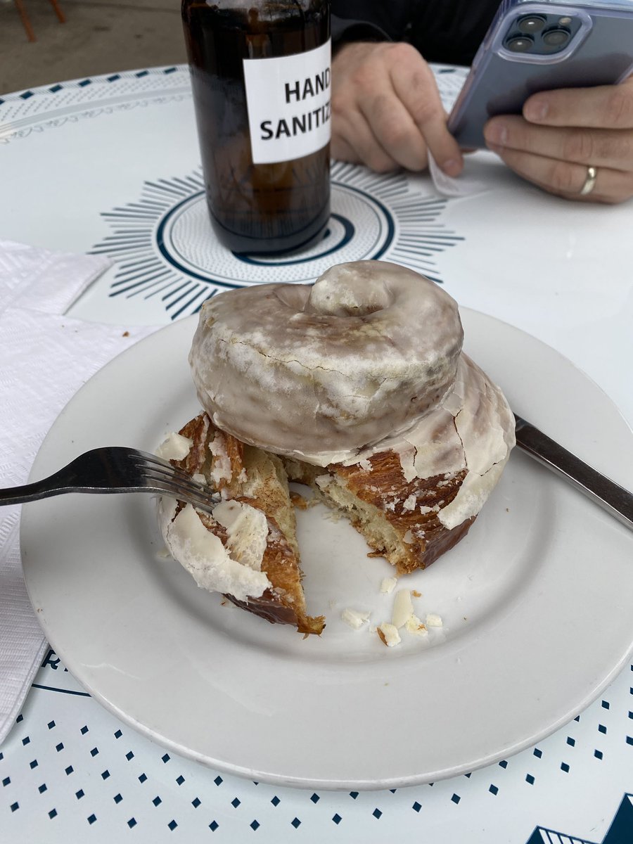 Brunch at a French café. That’s a cinnamon roll made like a croissant, and it’s as amazing as it sounds. He had a Croque Madame sandwich, which is a hedonistic mixture of toasty bread, cheese, ham, and a runny-yolk egg, which is also as amazing as it sounds.