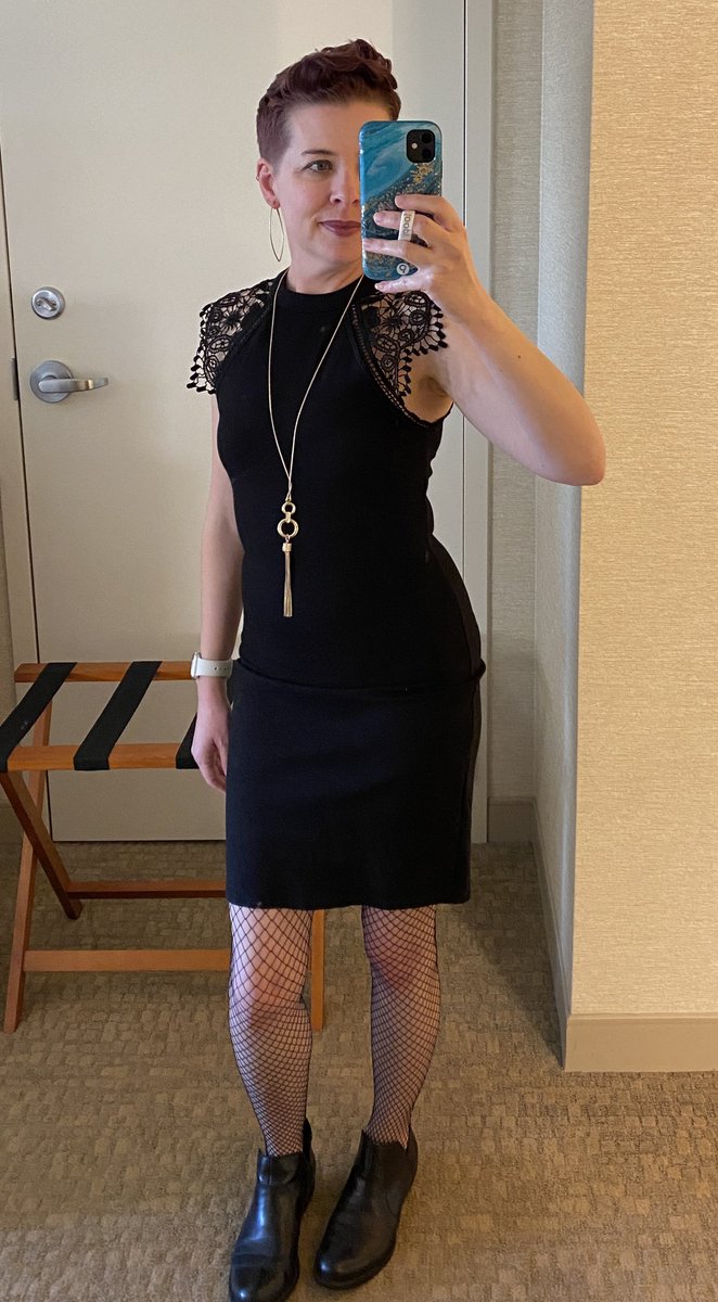 Dressed for dinner! We walked, so I decided to forego heels.2 notes:-Is “forewent” a word?-I got this black jacket when we were shopping today & I AM IN LOVE WITH IT.-Becoming a writer & having funky hair have been my midlife crises. I guess we can add fishnets to that now.