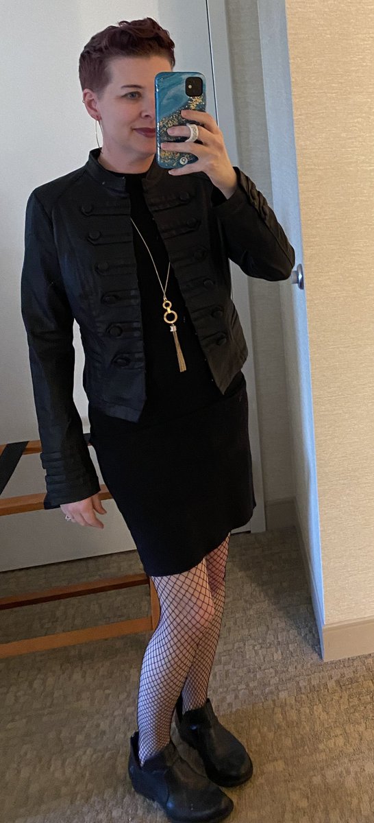 Dressed for dinner! We walked, so I decided to forego heels.2 notes:-Is “forewent” a word?-I got this black jacket when we were shopping today & I AM IN LOVE WITH IT.-Becoming a writer & having funky hair have been my midlife crises. I guess we can add fishnets to that now.