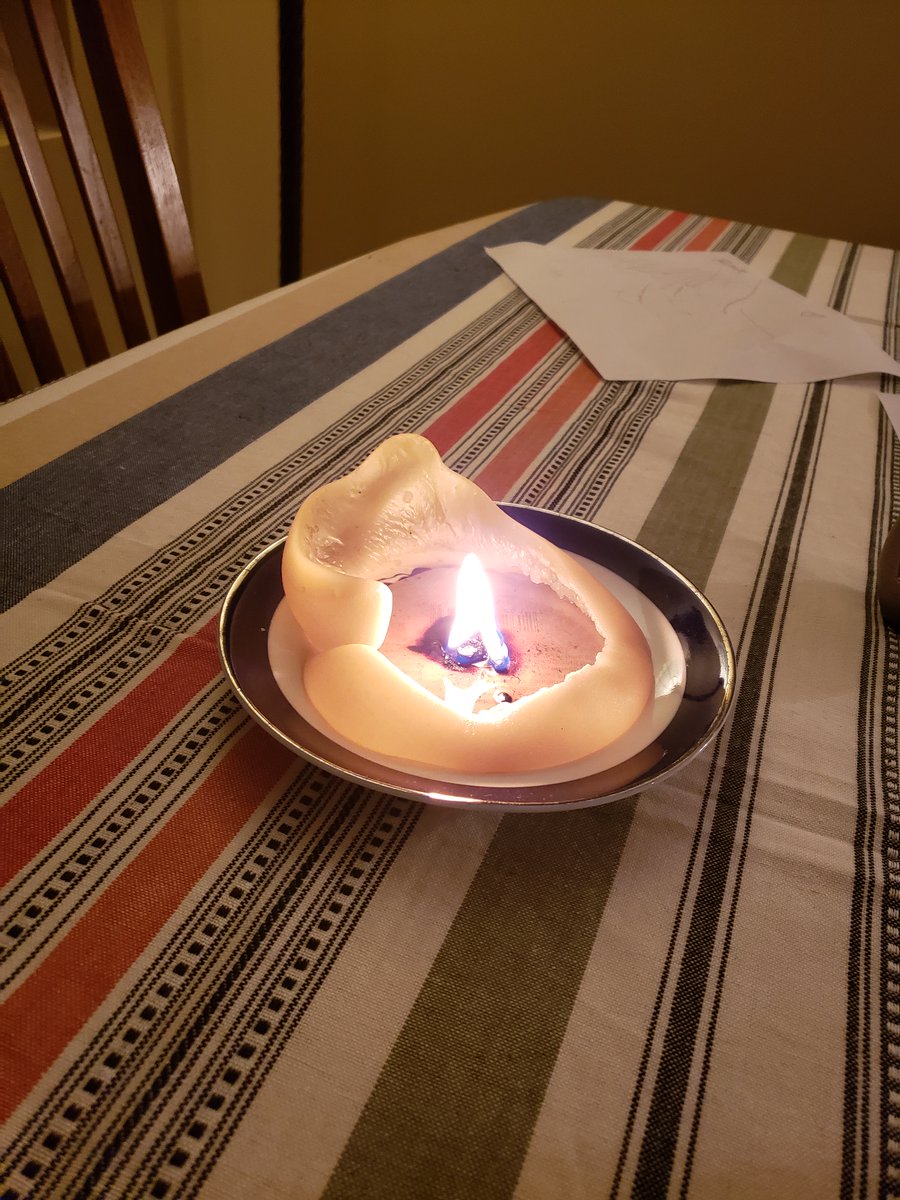 "Getting outta hand," I said, as if that was just a joke. Although I was starting to be concerned about the now-flipped ratio of candle to flame, and what would happen if it leapt off the plate somehow.