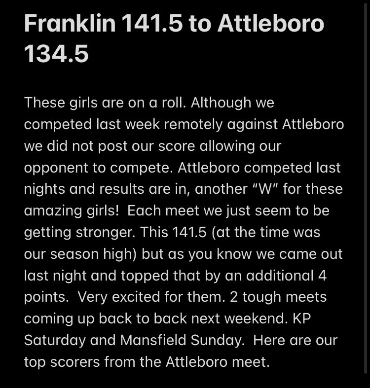 Franklin defeats Attleboro 141.5 to 134.5