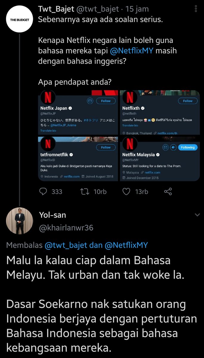 Jadi, di Malaysia lagi rame masalah akun netflixMY g pake bahasa melayu.

Kemudian warga negara jiran mengambil Indonesia sbg contoh yg harus ditiru dalam penggunaan bahasa ibu.

Seketika bangga jadi orang indonesia. :')