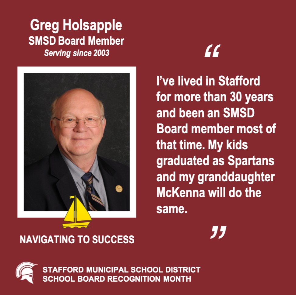 StaffordMSD's tweet image. #SMSDBoard member Greg has invested years of time and service on making sure Spartans reach success. It&apos;s community members like him that have made Stafford a real family. Thank you for making Stafford home!