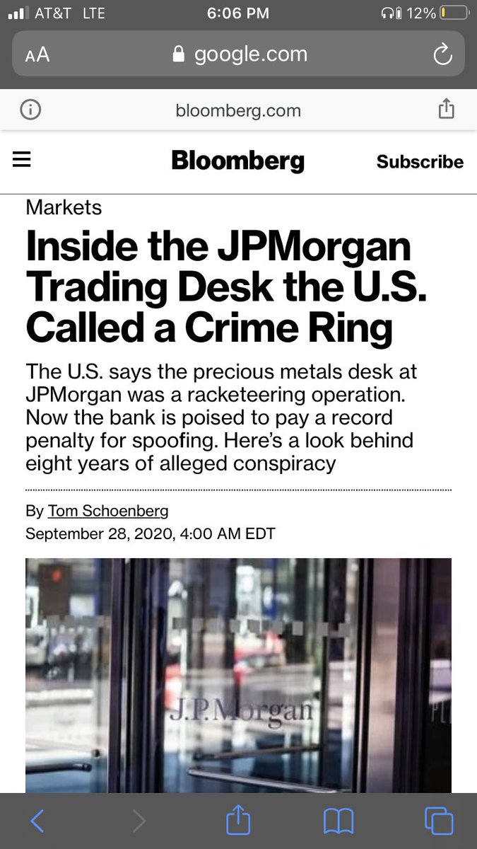 Silver has been manipulated by multiple banks, specifically JP Morgan, custodian of the manipulated  $SLV silver derivative market, but they are not the only one responsible for manipulating the silver price https://twitter.com/bchainbastards/status/1312908379476631553?s=21^^ this thread goes in depth on JP Morgan2/