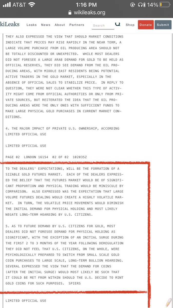 This market manipulation goes back to the years just after America left the gold standard in 1971. The following is from  #Wikileaks, originating from the Dept of Treasury.3/