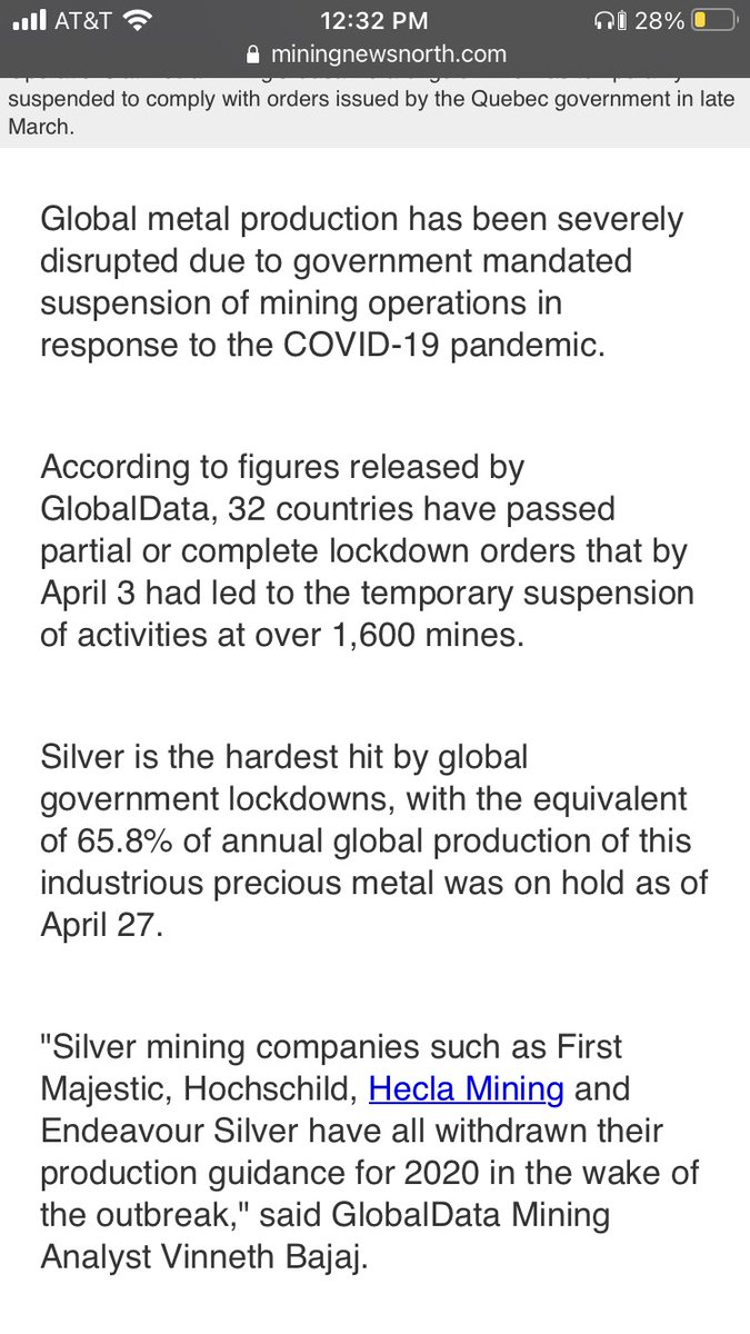 Silver was hit harder by COVID restrictions globally in mines than any other commodity by a wide margin.  #Silver was hit 6x harder than  #gold, 5x harder than  #copper, 3x worse than  #platinum, 2x harder than  #uranium All the while, banks globally printed money like madmen9/