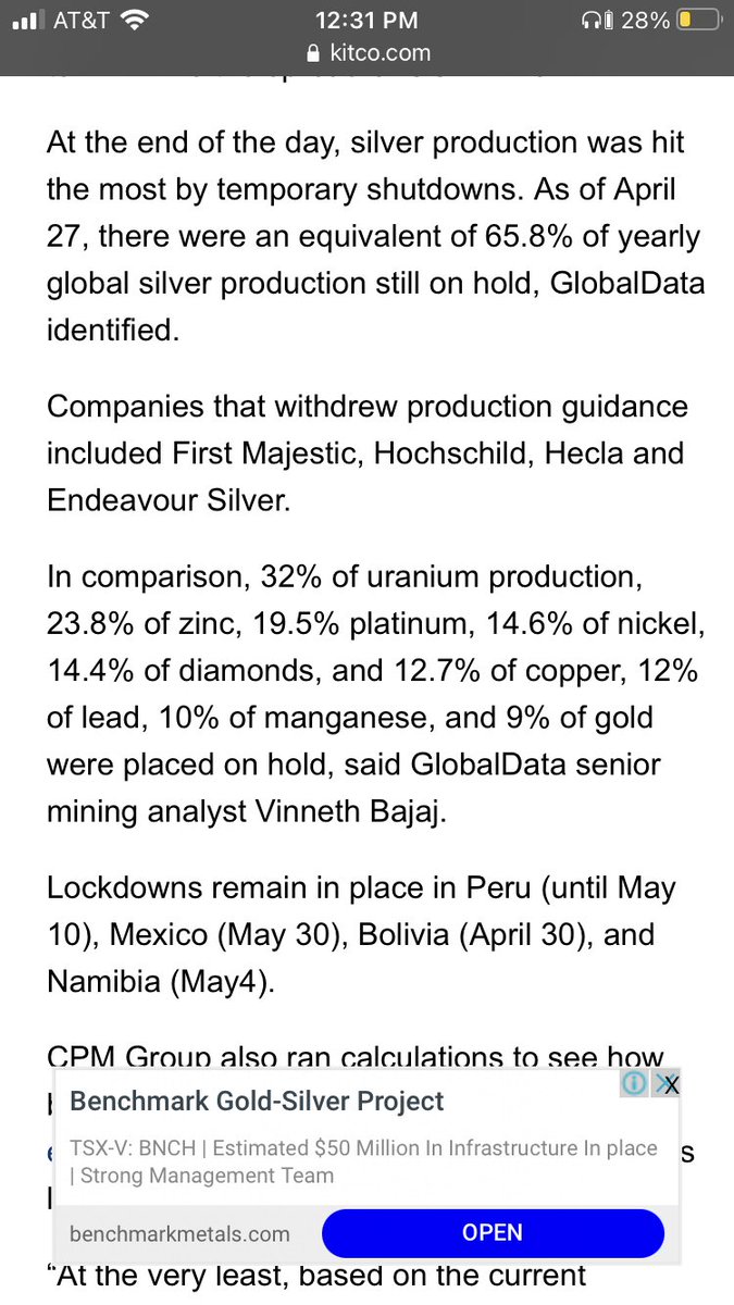 Silver was hit harder by COVID restrictions globally in mines than any other commodity by a wide margin.  #Silver was hit 6x harder than  #gold, 5x harder than  #copper, 3x worse than  #platinum, 2x harder than  #uranium All the while, banks globally printed money like madmen9/