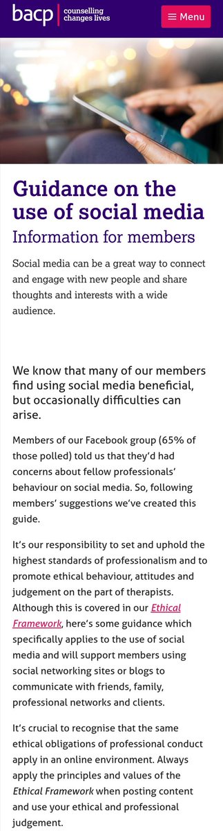 The BACP also provide guidance on the use of social media https://www.bacp.co.uk/membership/membership-policies/social-media/