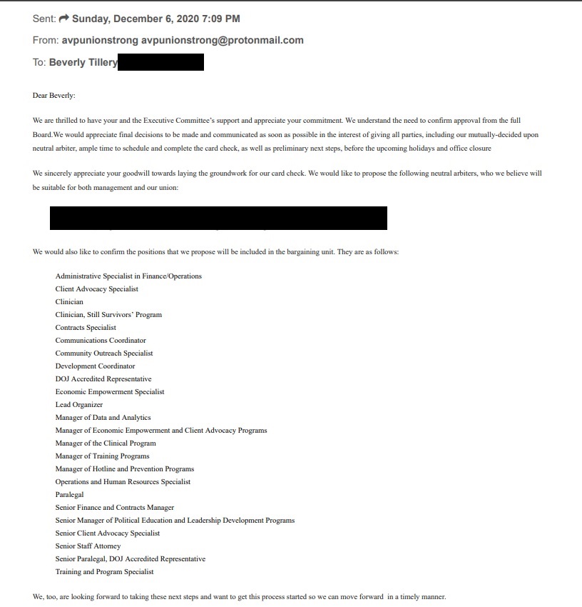 The next step after agreeing to voluntarily recognize us, was confirming with ED  @BeverlyTillery a list of all Bargaining Unit positions. This includes temps, part-time workers, and all non-confidential, non mgmt. See our list of who should be included.  #UnionStrong  #LGBTQ | T3