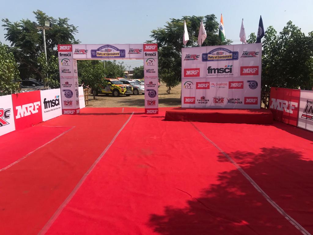 The stage is set for the podium ceremony of the #RallyofCoimbatore. Just a little more wait. Stay tuned, updates coming up! #FMSCI #INRC2020