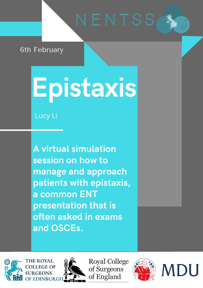 nentss's tweet photo. 👃Presenting our simulated session on epistaxis management🩸

Join us for an engaging workshop on the management of a common clinical presentation, both in practice and exams as well! 😍

#NENTSS2021 #Otolaryngology #MedStudentTwitter https://t.co/1WSmlHQmCE