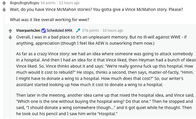 Vince McMahon Once Considered Donating A Wing So He Could "Fuck Up" A Hospital For An Angle. "Vince thinks about it and says, 'We're really gonna f**k up this hospital. How much would it cost to rebuild?',"