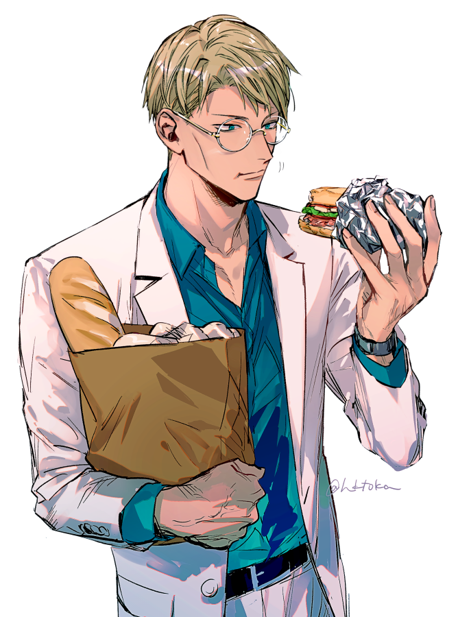 nanami kento food 1boy shirt male focus blonde hair solo blue shirt  illustration images