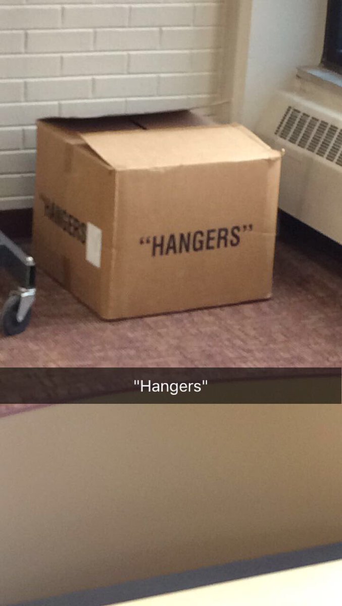 Gare_Bear38's tweet photo. A snapchat memory popped up today that still is a mystery to me to this day. The ominous use of quotation marks suggests that perhaps this box could be used for something other than hangers. Or maybe that’s exactly what was in there. I present to you: Schrödinger’s hangers 🤔 https://t.co/6KH6JFa3hU