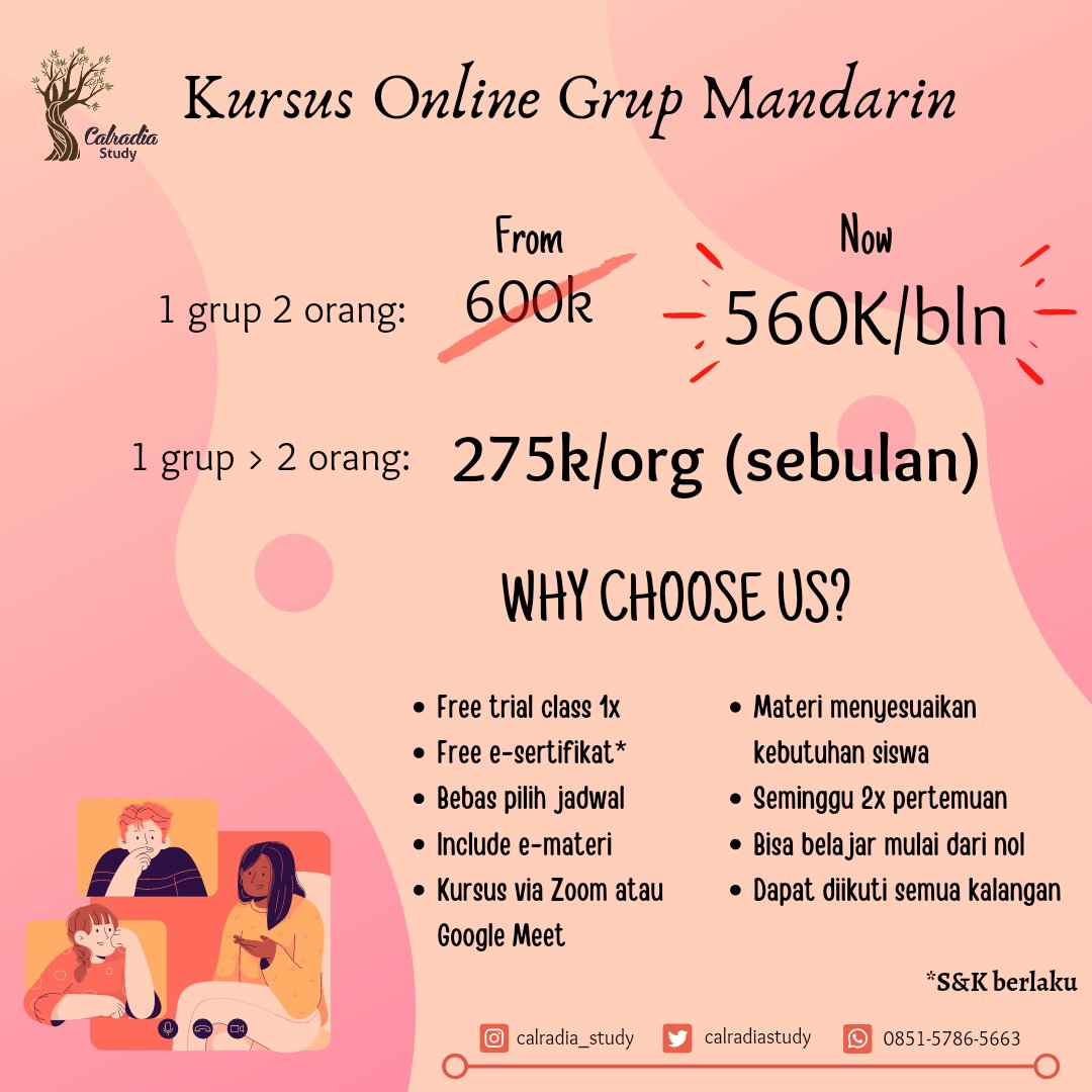 Yukk belajar Mandarin bersama kami. Berikut adalah program kursus yang dapat kalian ikuti. Tidak hanya privat, namun juga bisa kursus grup lohh, dapat diskon pula.

请查看🤗