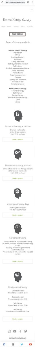 In addition to these services, she also has her own therapy clinic. https://www.emmakennytherapy.com/therapy&nbsp;I wonder how much BPS Chartered Psychologists, HCPC registered practitioner psychologists, MBACP-Accred, and MBACP-Snr Accred practitioners charge?