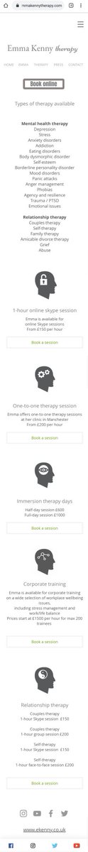 In addition to these services, she also has her own therapy clinic. https://www.emmakennytherapy.com/therapy I wonder how much BPS Chartered Psychologists, HCPC registered practitioner psychologists, MBACP-Accred, and MBACP-Snr Accred practitioners charge?