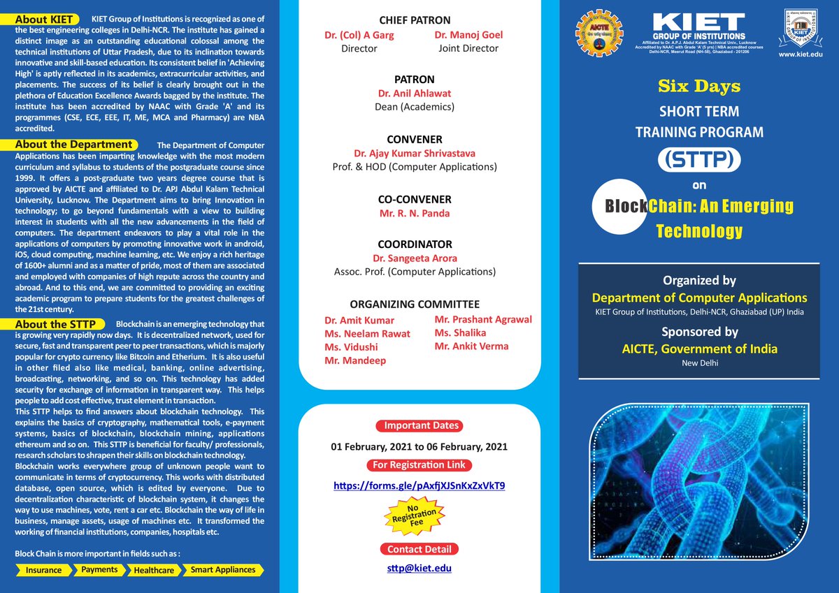 McaKiet's tweet image. Department of Computer Applications, KIET Group of Institutions organizing STTP on &quot;Blockchain: An Emerging Technology&quot; from 1st Feb, 2021 to 6th Feb, 2021. Leaflet of the STTP for the ready reference is given.

#students #MCA #KIETGroupofInstitutions #Placements #AKTU #STTP