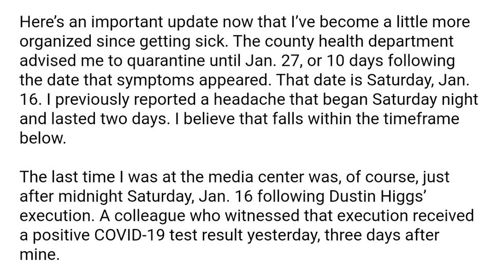 Despite receiving notice that a person with a confirmed positive COVID-19 case, just hours from becoming symptomatic, was inside the prison media center during an execution, the bureau told no one. At least none of the exposed media. They made that my job, even though I was sick.