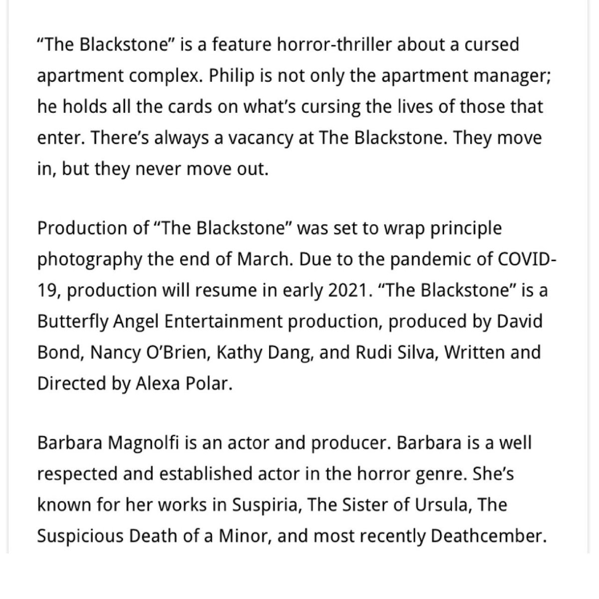 BAEfilms's tweet photo. Perhaps it was distraction as we’re preparing to wrap, we missed it when Horror News Net mentioned The Blackstone on January 13th. Thanks for spreading the word @horrornews_net The Blackstone written/directed by @dawritesoul 

#hnn #horrornews #horrormovies #theblackstonemovie https://t.co/RpxltfMpSy