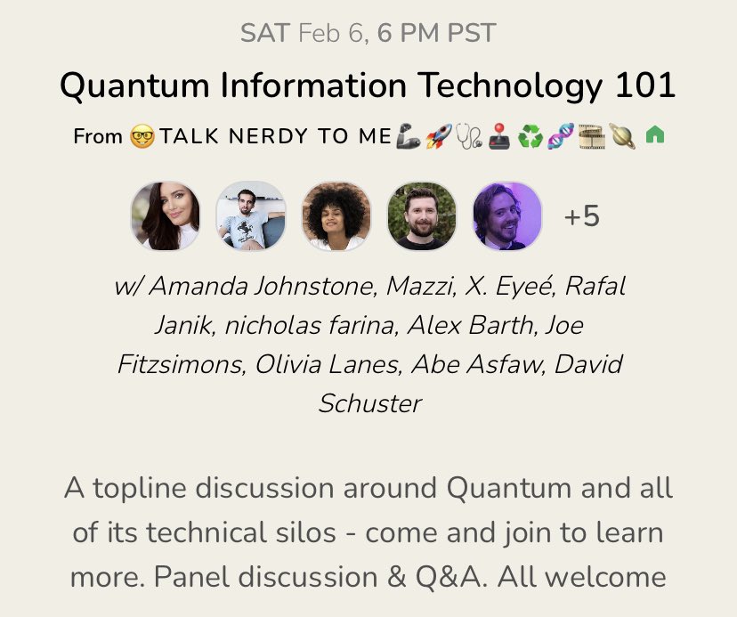 Next Week: 

Quantum Information Technology 101 with @MazzMaserati, <a href="/TechWithX/">X. Eyee</a>, <a href="/rafjanik/">Rafal Janik</a>, <a href="/nick_farina/">nick farina 💘</a>, <a href="/AlexTBarth/">Alexandra T. Barth</a>, <a href="/jfitzsimons/">Joe Fitzsimons</a>, <a href="/Liv_Lanes/">Olivia Lanes</a>, <a href="/abe_asfaw/">Abe Asfaw</a>, <a href="/schusterqed/">David Schuster</a> &amp; @TranshumanInc + more.

What a lineup!👇🏿Join us! 👇🏼
joinclubhouse.com/event/xqkZ2Ajl