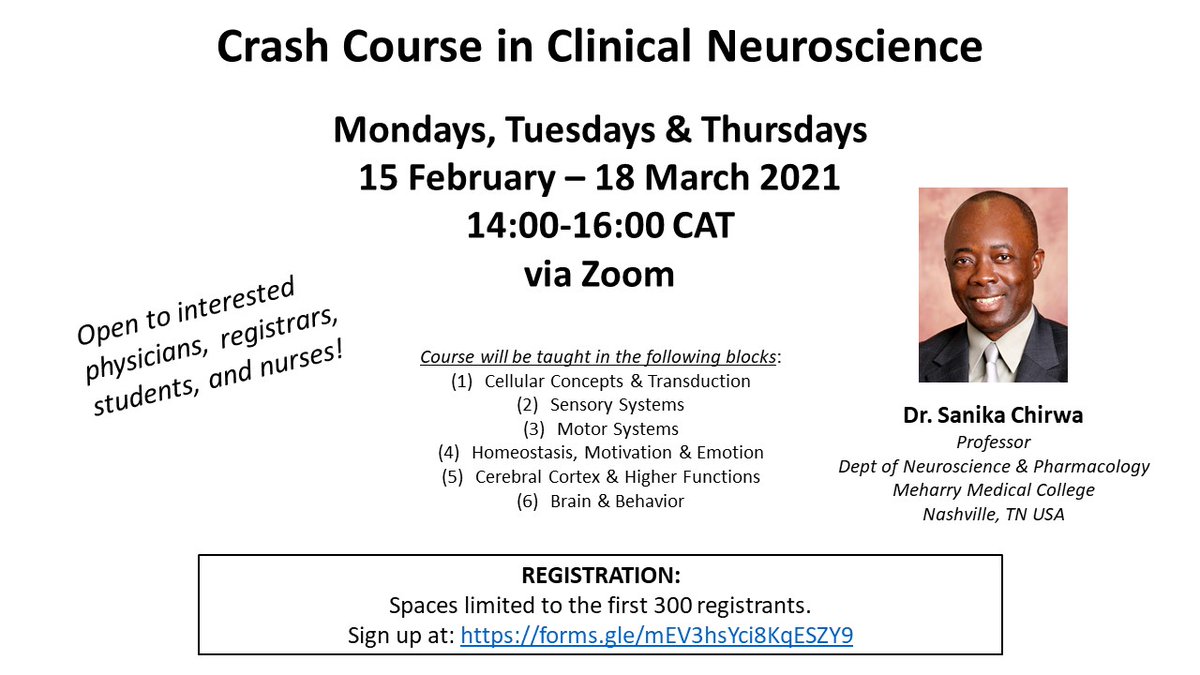 Register now for our free virtual Crash Course in Clinical Neuroscience, 15/2-18/3, led by Dr. Sanika Chirwa, faculty at Vanderbilt and Meharry! Course is open to everyone but especially students, registrars & faculty from sub-Saharan Africa with neuro interest. #globalneurology