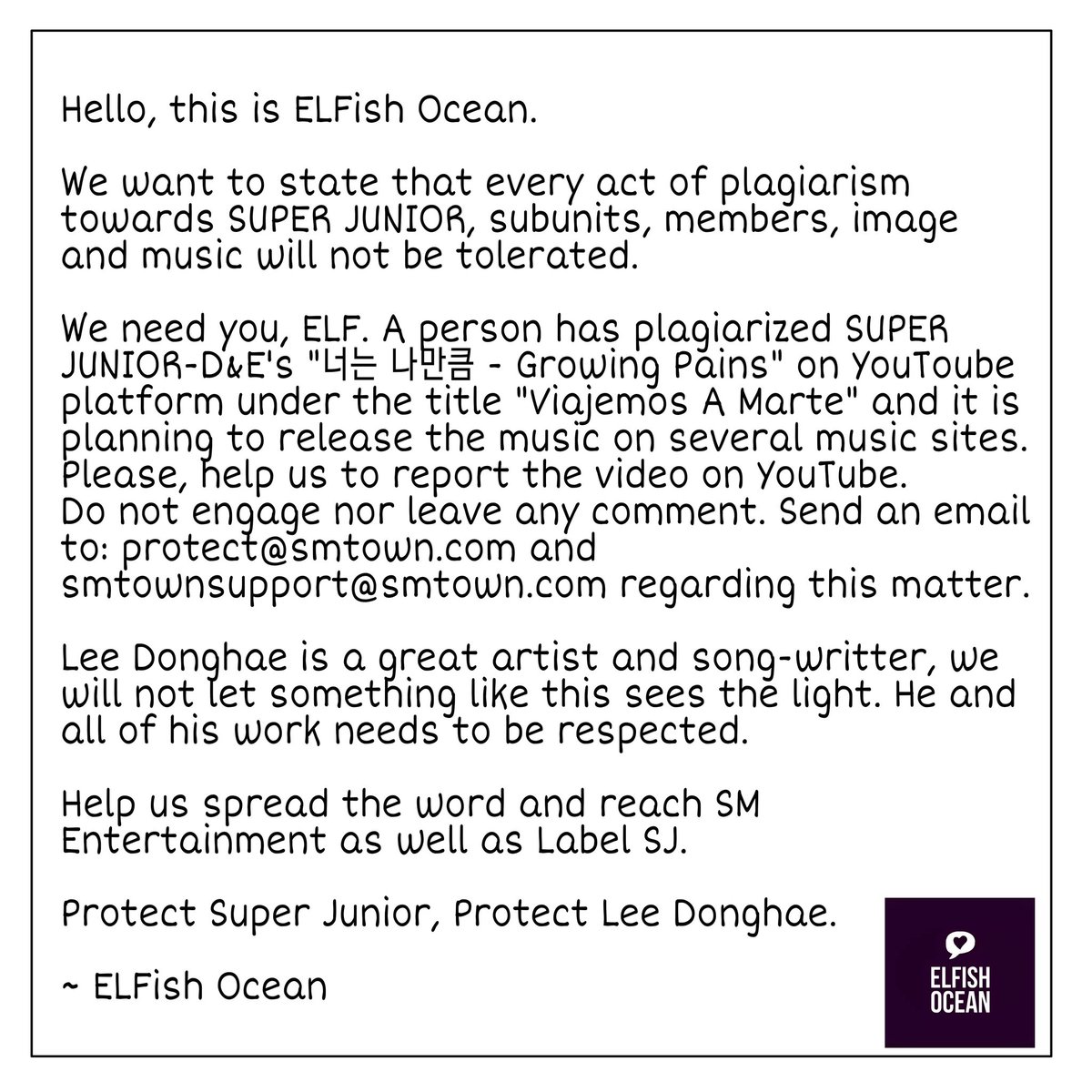 ElfishOcean's tweet photo. We need you, ELF. A person has plagiarized SUPER JUNIOR-D&amp;E's "너는 나만큼 - Growing Pains" on YouToube. Please, help us to report the following video: https://t.co/R5Py24N8uz

@SJofficial @SMTOWNGLOBAL https://t.co/rkmGQEwhLO